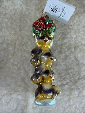 Christopher Radko Stack o Raccoons Ornament with Green Wreath and Red Bow